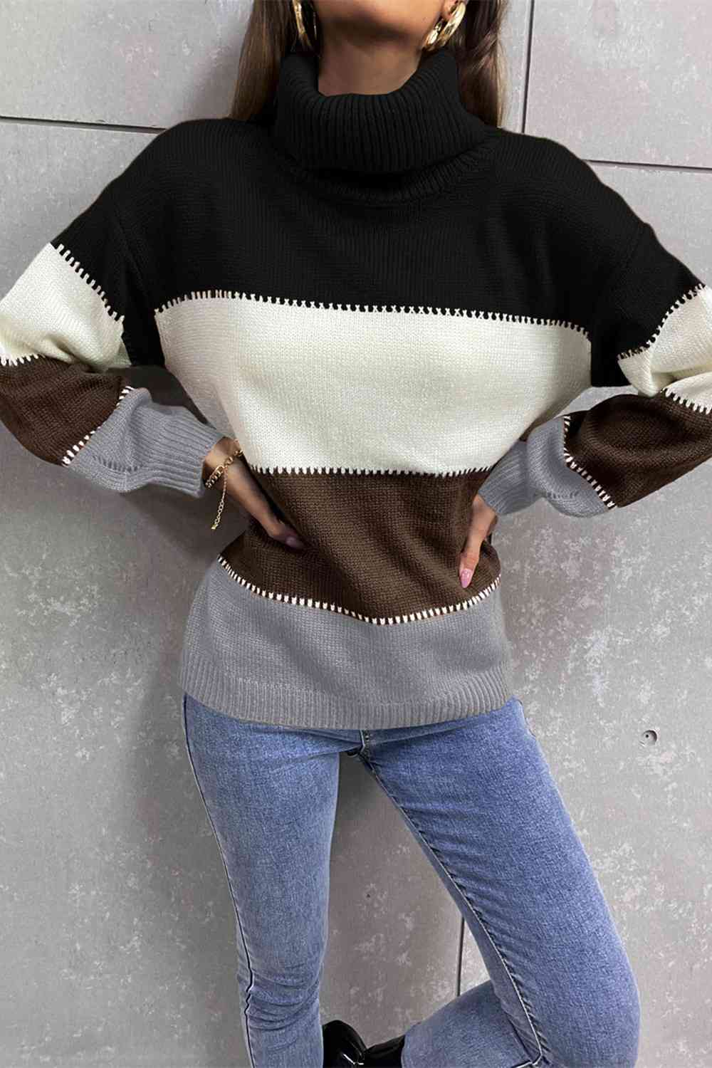 Color Block Lantern Sleeve Turtleneck Sweater - Deals DejaVu