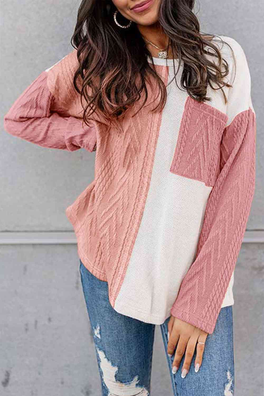 Full Size Color Block Cable-Knit Tops - Deals DejaVu