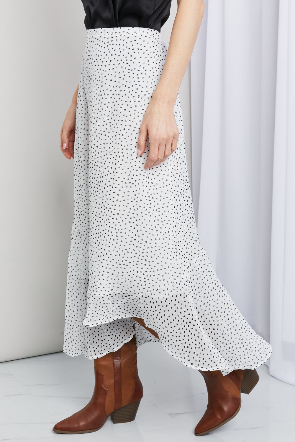 Zenana Polka Dot Ruffle Hem Midi Skirt in Ivory/Black (TB7) T