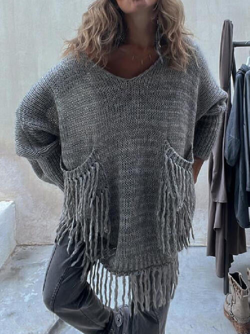 Fringe Detail Long Sleeve Sweater with Pockets - Deals DejaVu