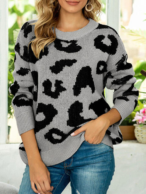 Drop Shoulder Leopard Pullover Sweater - Deals DejaVu