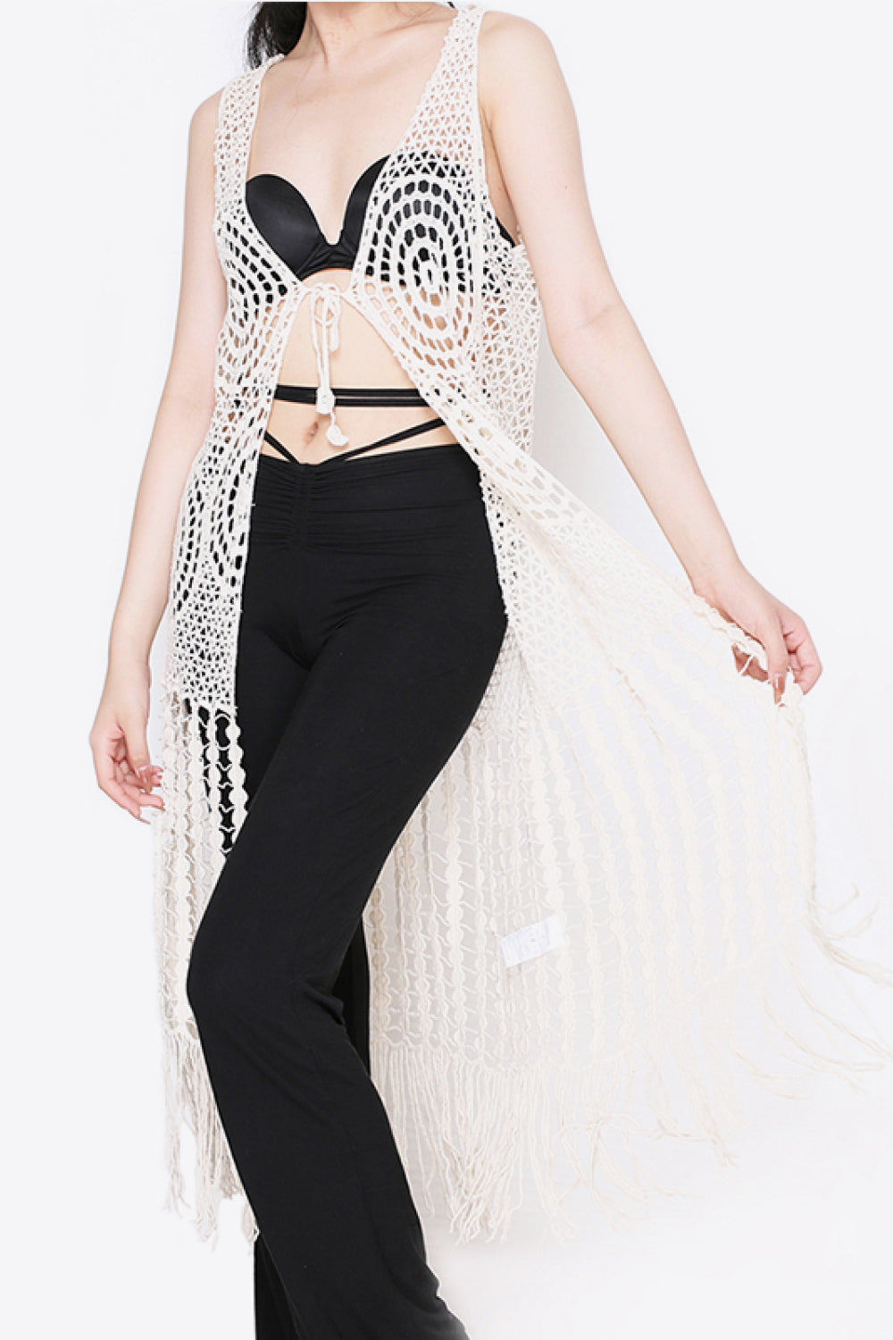 Tie Front Fringe Hem Sleeveless Cover Up (TB11D) T