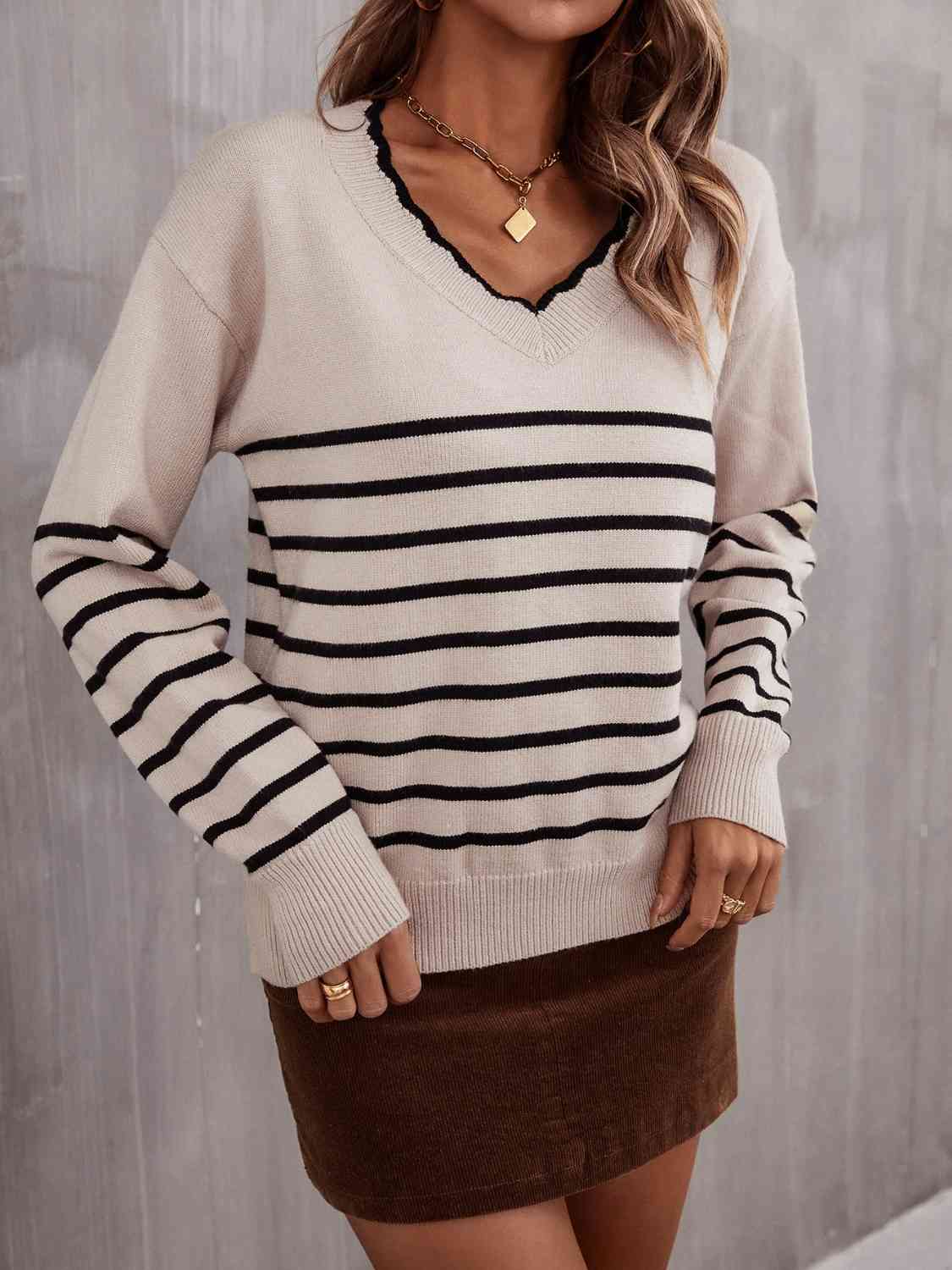Striped V-Neck Drop Shoulder Sweater - Deals DejaVu