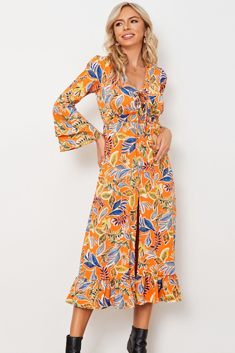 Printed Layered Flare Sleeve Split Tied Dress (BWD)(WS06)T - Deals DejaVu