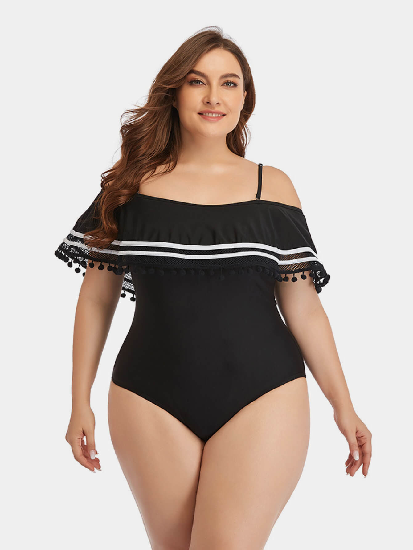 Plus Size Striped Cold-Shoulder One-Piece Swimsuit (TB10D) T