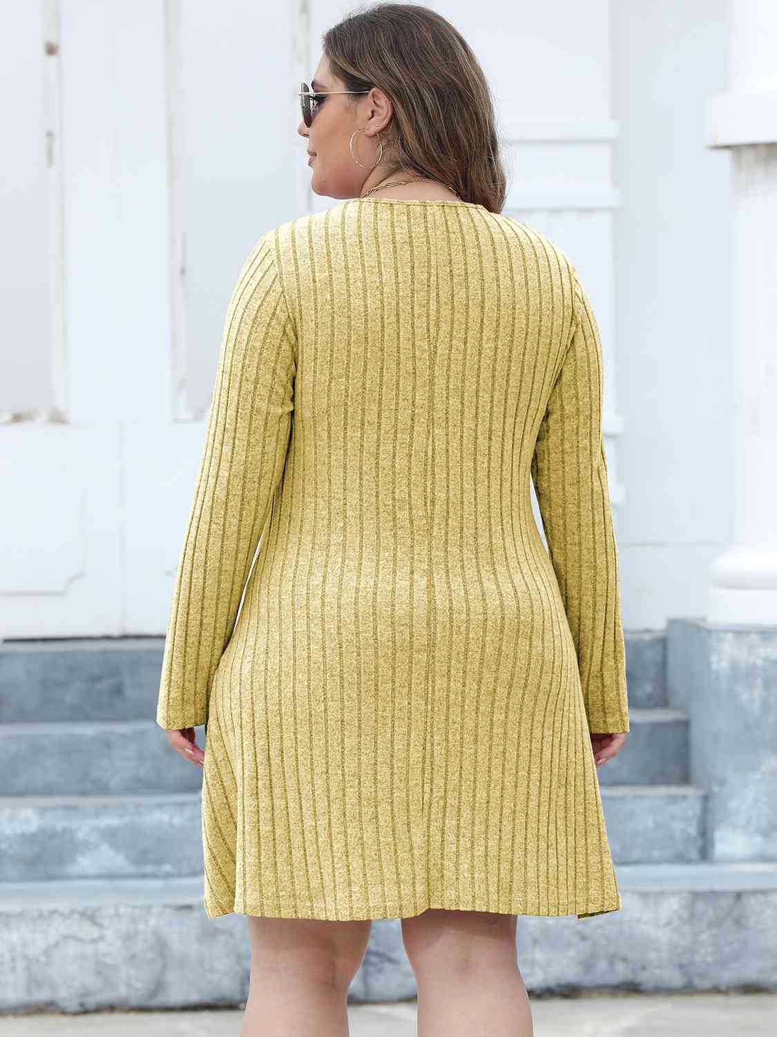 Plus Size Ribbed Buttoned V-Neck Long Sleeve Dress (MWBT) T - Deals DejaVu