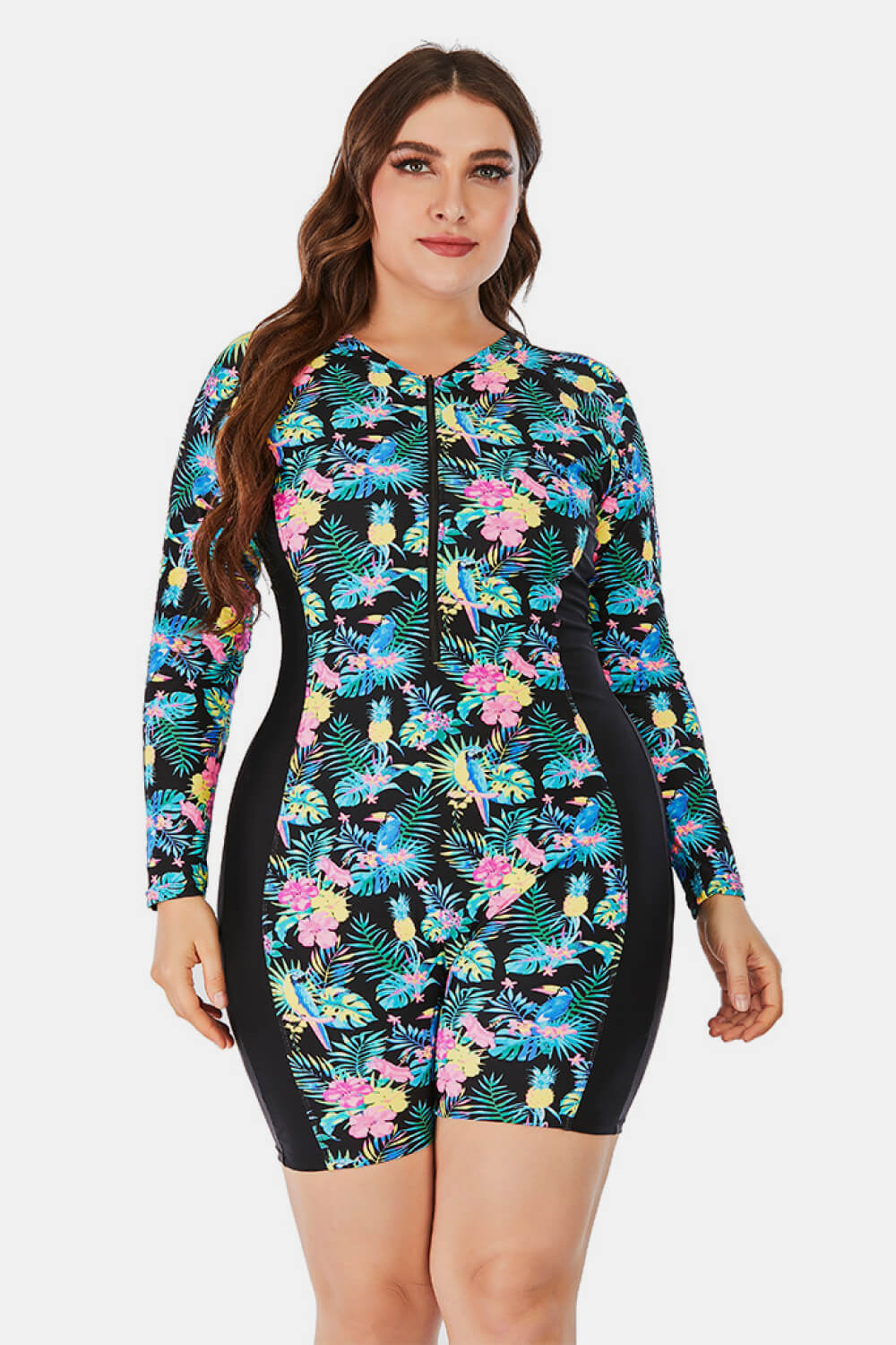 Plus Size Floral Zip Up Long Sleeve Short Wetsuit (TB10D) T