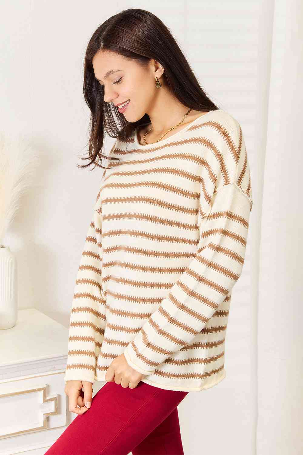 Double Take Striped Boat Neck Sweater - Deals DejaVu