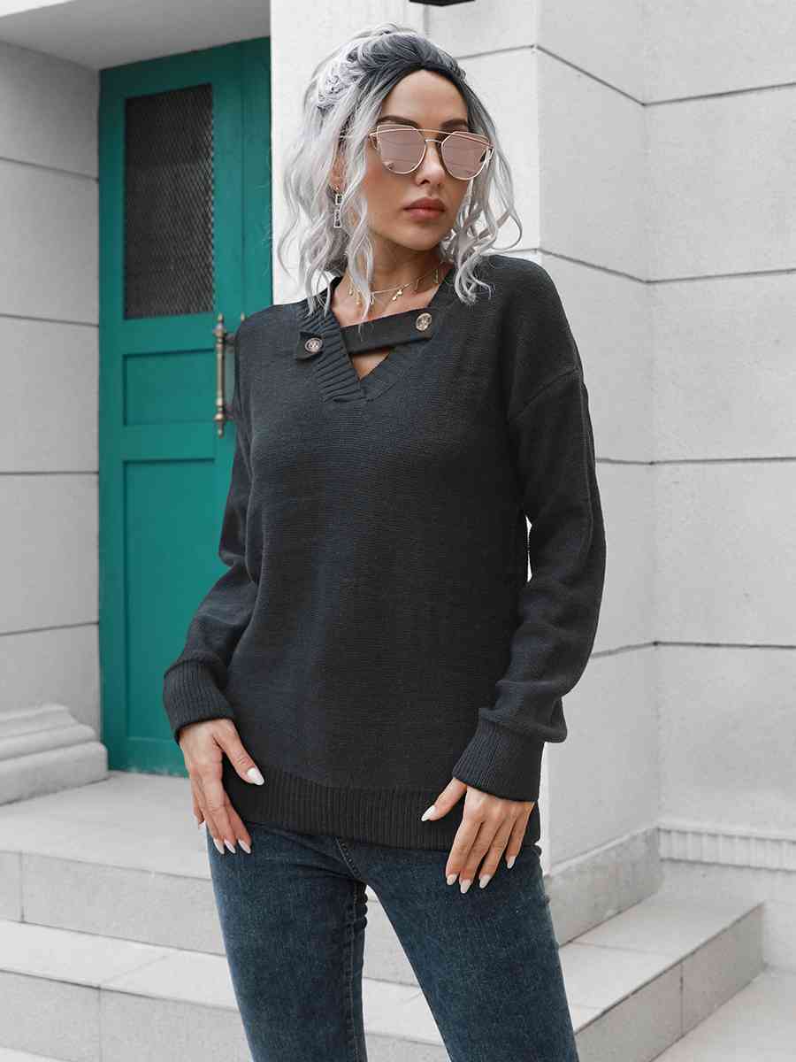 Dropped Shoulder Button Detail Sweater - Deals DejaVu