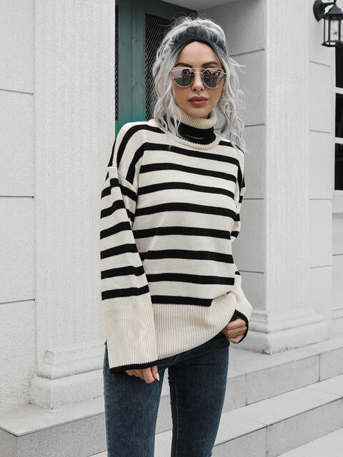 Striped Slit Turtleneck Drop Shoulder Sweater - Deals DejaVu