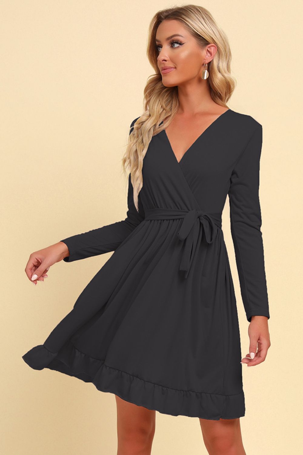 Long Sleeve Tie Waist Ruffle Hem Dress (BWD)(WS06)T - Deals DejaVu
