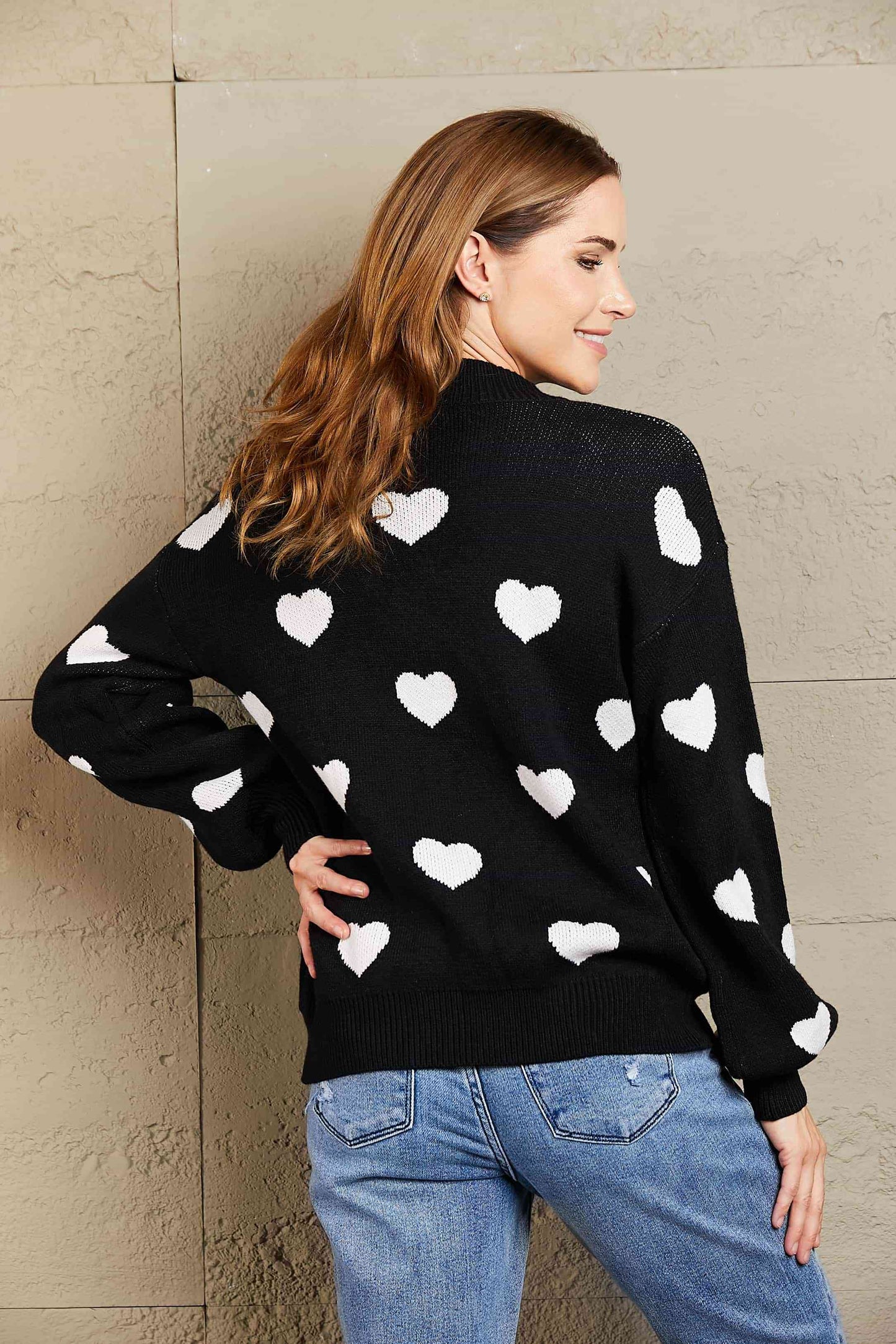 Woven Right Heart Pattern Lantern Sleeve Round Neck Tunic Sweater - Deals DejaVu