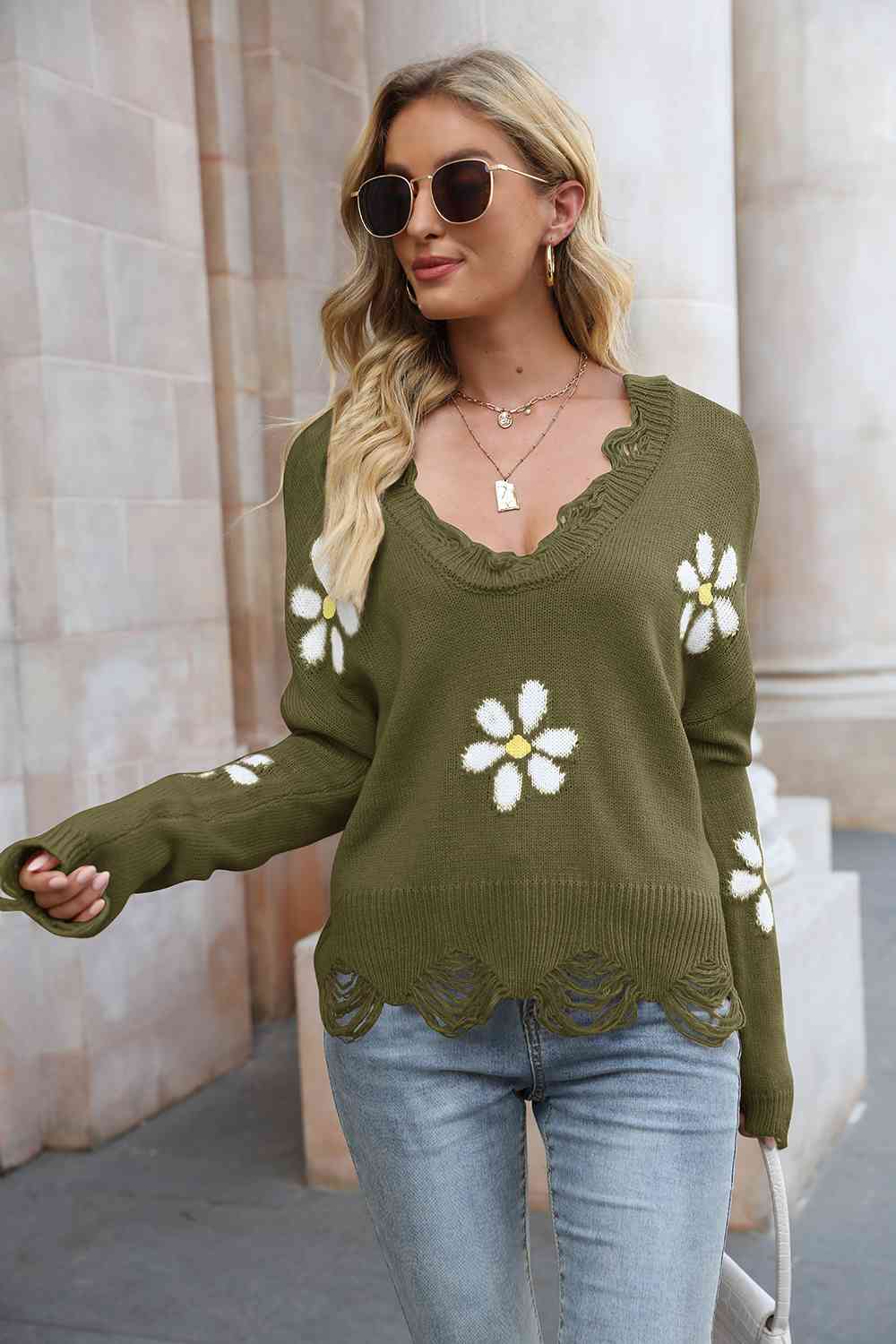 Flower Distressed Long Sleeve Sweater - Deals DejaVu