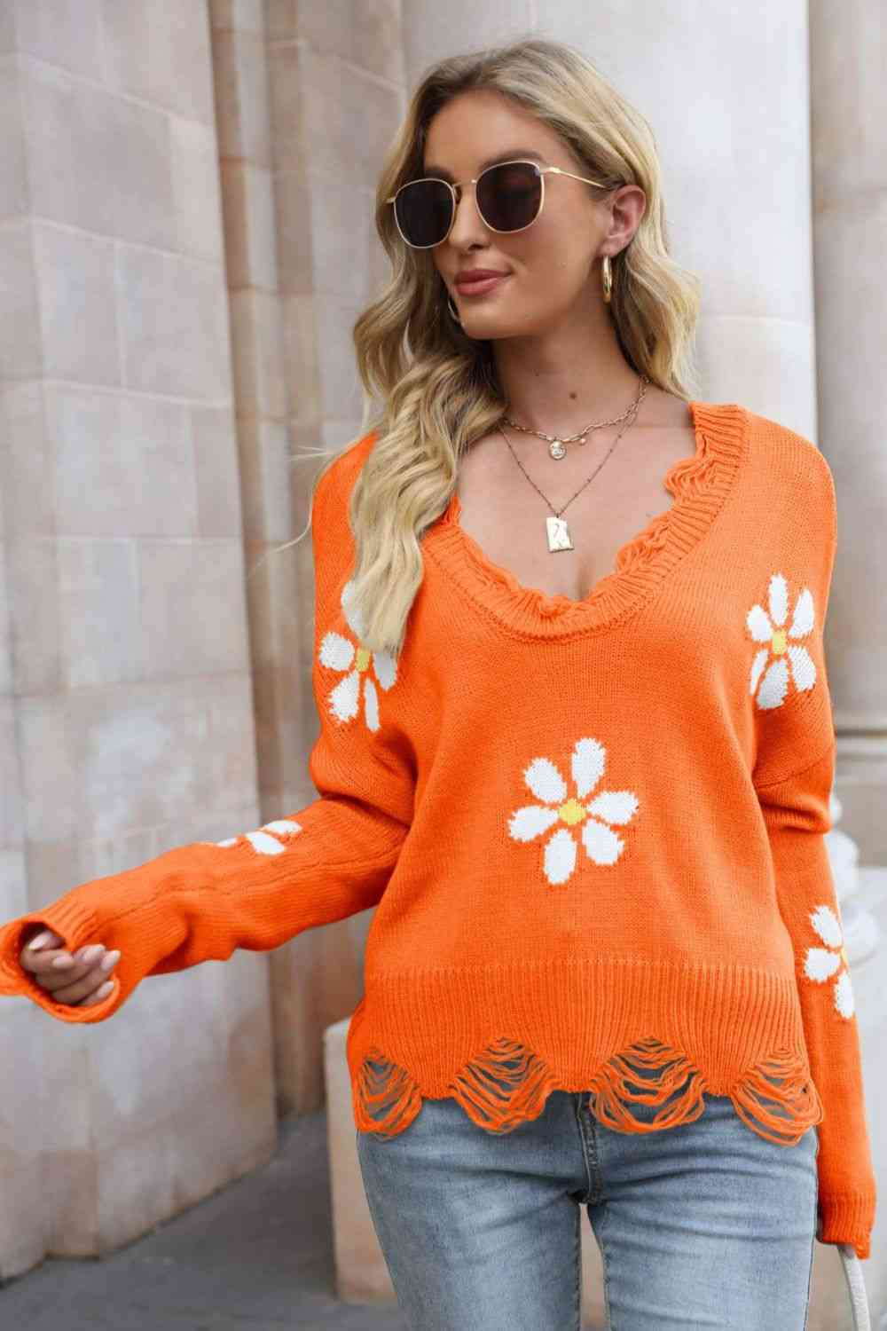 Flower Distressed Ribbed Trim Sweater - Deals DejaVu