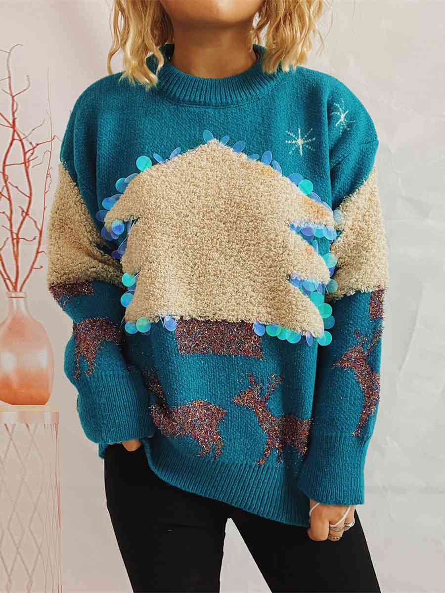 Sequin Christmas Tree & Reindeer Round Neck Sweater - Deals DejaVu