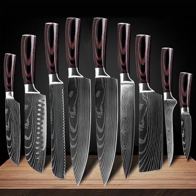 1-10 Pcs Set Kitchen Knives Stainless Steel Laser Damascus Pattern Chef Knife Sharp Cleaver Slicing Utility Knives (AK5)(1U61)