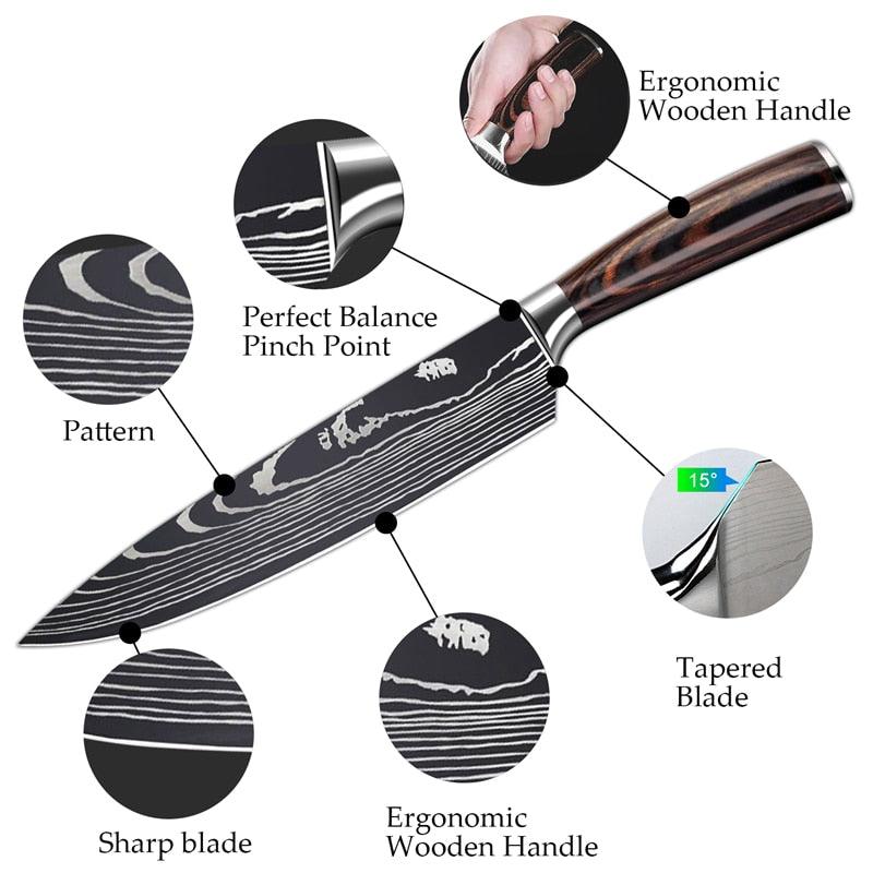 1-10 Pcs Set Kitchen Knives Stainless Steel Laser Damascus Pattern Chef Knife Sharp Cleaver Slicing Utility Knives (AK5)(1U61)