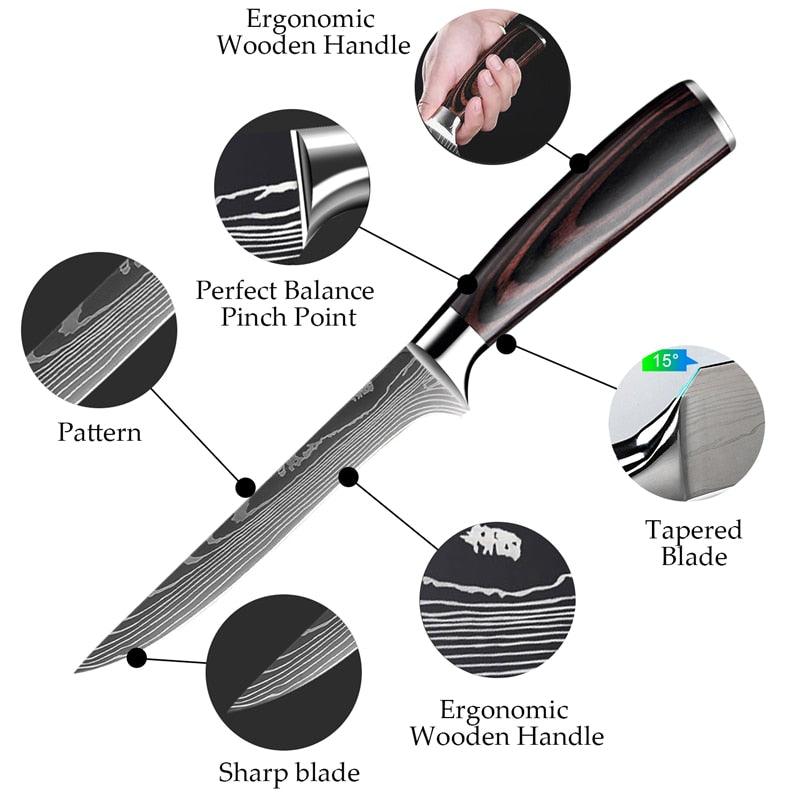 1-10 Pcs Set Kitchen Knives Stainless Steel Laser Damascus Pattern Chef Knife Sharp Cleaver Slicing Utility Knives (AK5)(1U61)