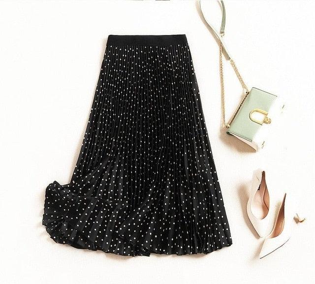 A Line Pleated Women Skirt - Polka Dot Vintage Midi Skirt - High Quality Elegant Chic Beige Black Summer Autumn Skirt (TB7)