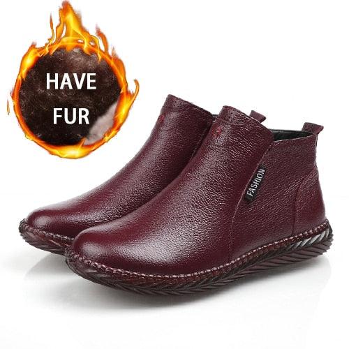 Women's Winter Boots - Plus Velvet Genuine Leather Shoes - Zip Women Warm Ankle Boots (FS)(BB1)