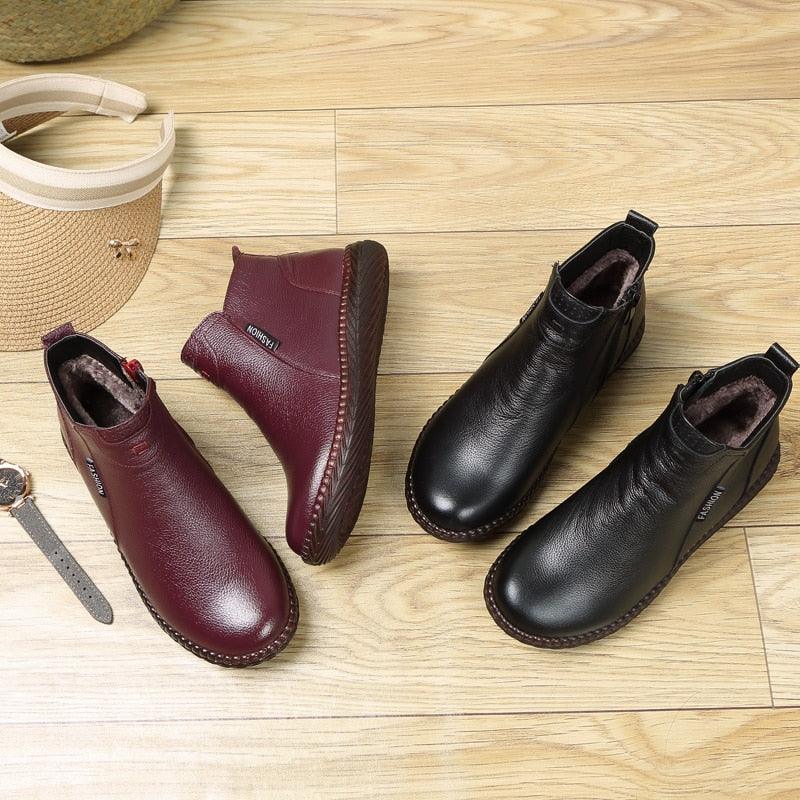 Women's Winter Boots - Plus Velvet Genuine Leather Shoes - Zip Women Warm Ankle Boots (FS)(BB1)