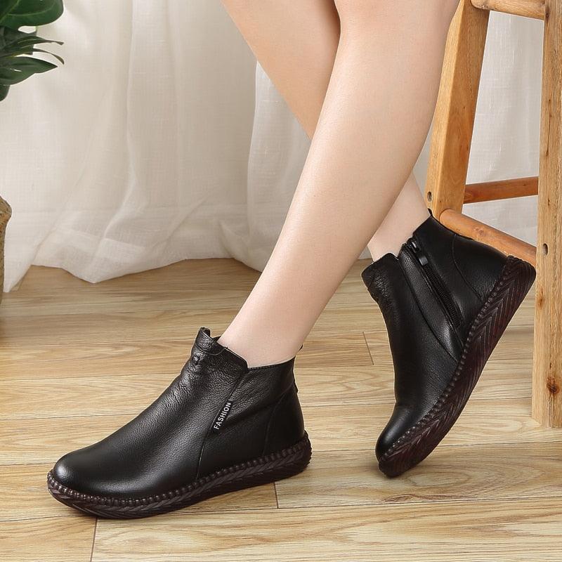 Women's Winter Boots - Plus Velvet Genuine Leather Shoes - Zip Women Warm Ankle Boots (FS)(BB1)