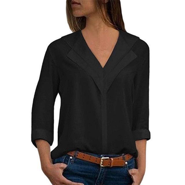 Gorgeous Blouse - Long Sleeve Double V-neck Women Tops -Solid Office Shirt (TB1)