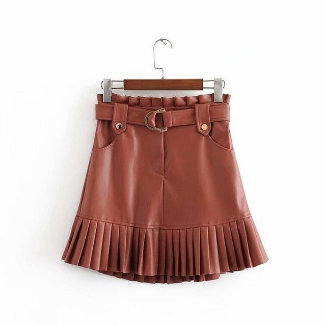 Women's Chic PU Leather Pleated Skirt - Ruffles Tie Belt Waist Pocket Skirt (BSK)(F22)