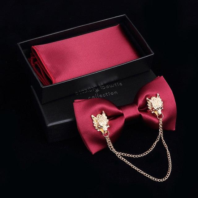 Adjustable Men's Bow Tie - Metal Wing Bowtie Pocket Square Towel Handkerchief Gift Set (MA2)(F17)