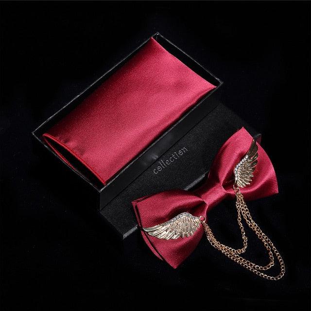 Adjustable Men's Bow Tie - Metal Wing Bowtie Pocket Square Towel Handkerchief Gift Set (MA2)(F17)