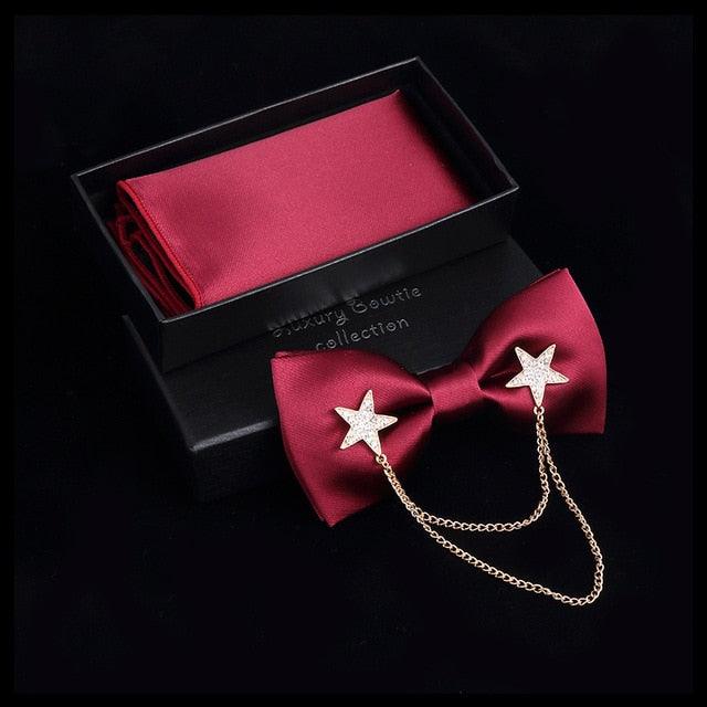 Adjustable Men's Bow Tie - Metal Wing Bowtie Pocket Square Towel Handkerchief Gift Set (MA2)(F17)