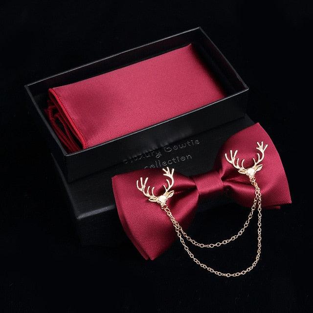 Adjustable Men's Bow Tie - Metal Wing Bowtie Pocket Square Towel Handkerchief Gift Set (MA2)(F17)