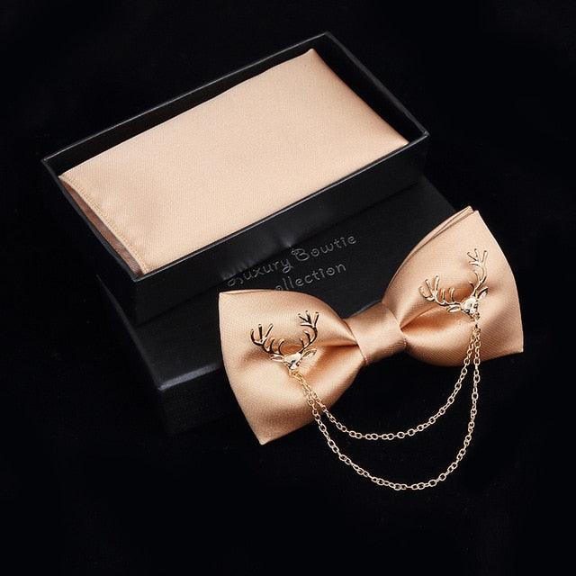 Adjustable Men's Bow Tie - Metal Wing Bowtie Pocket Square Towel Handkerchief Gift Set (MA2)(F17)