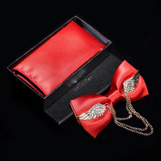 Adjustable Men's Bow Tie - Metal Wing Bowtie Pocket Square Towel Handkerchief Gift Set (MA2)(F17)