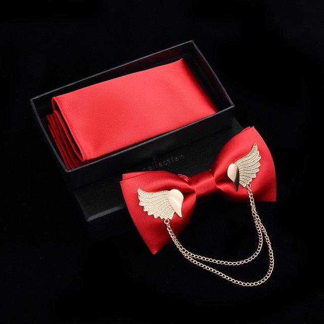 Adjustable Men's Bow Tie - Metal Wing Bowtie Pocket Square Towel Handkerchief Gift Set (MA2)(F17)