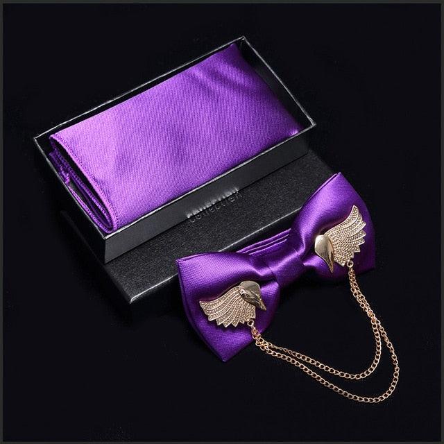 Adjustable Men's Bow Tie - Metal Wing Bowtie Pocket Square Towel Handkerchief Gift Set (MA2)(F17)
