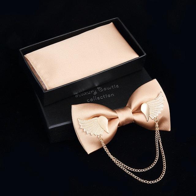 Adjustable Men's Bow Tie - Metal Wing Bowtie Pocket Square Towel Handkerchief Gift Set (MA2)(F17)