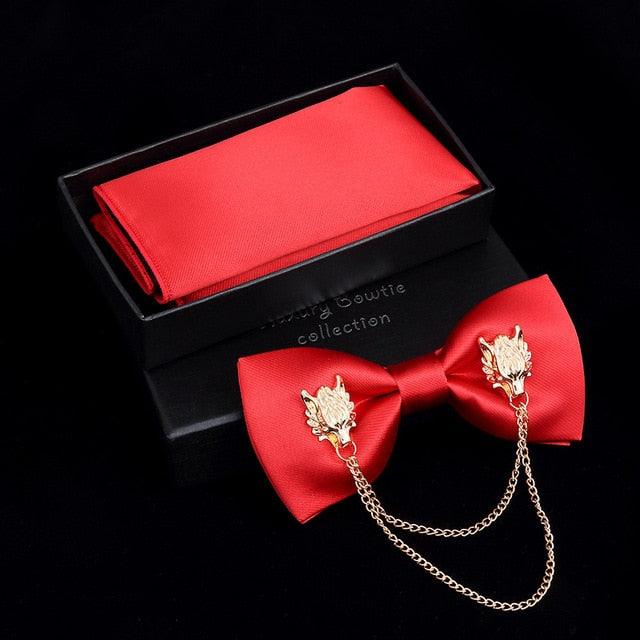 Adjustable Men's Bow Tie - Metal Wing Bowtie Pocket Square Towel Handkerchief Gift Set (MA2)(F17)