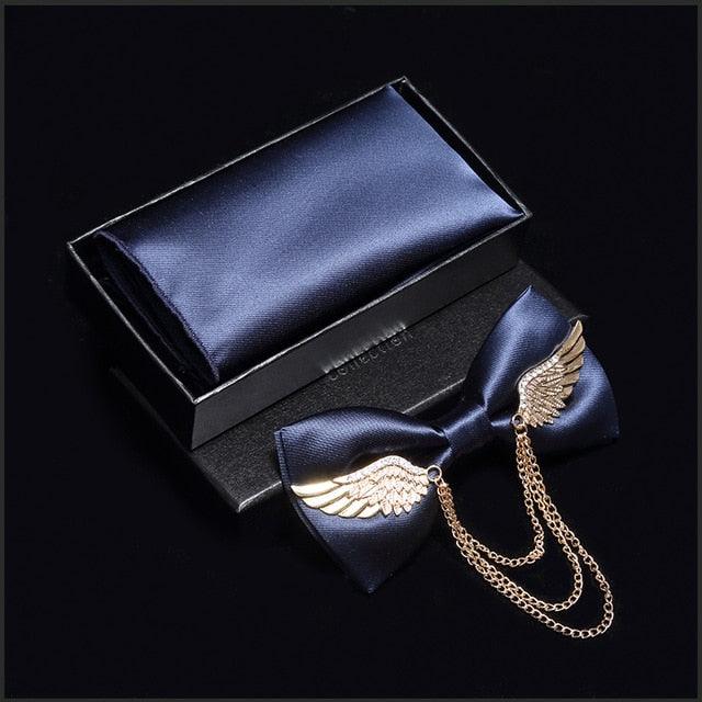 Adjustable Men's Bow Tie - Metal Wing Bowtie Pocket Square Towel Handkerchief Gift Set (MA2)(F17)