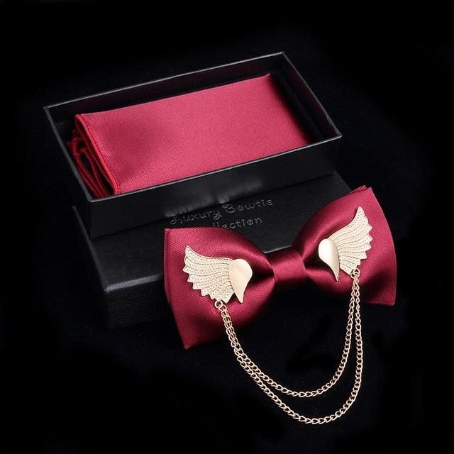Adjustable Men's Bow Tie - Metal Wing Bowtie Pocket Square Towel Handkerchief Gift Set (MA2)(F17)
