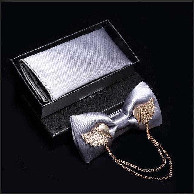 Adjustable Men's Bow Tie - Metal Wing Bowtie Pocket Square Towel Handkerchief Gift Set (MA2)(F17)