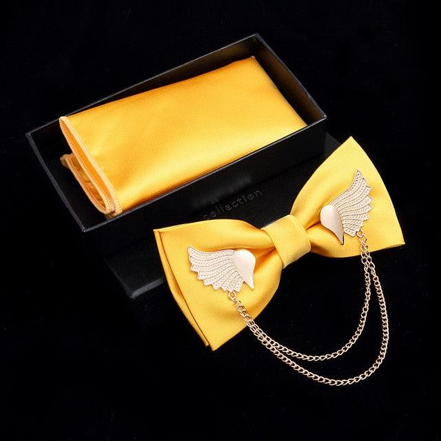Adjustable Men's Bow Tie - Metal Wing Bowtie Pocket Square Towel Handkerchief Gift Set (MA2)(F17)