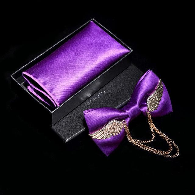 Adjustable Men's Bow Tie - Metal Wing Bowtie Pocket Square Towel Handkerchief Gift Set (MA2)(F17)