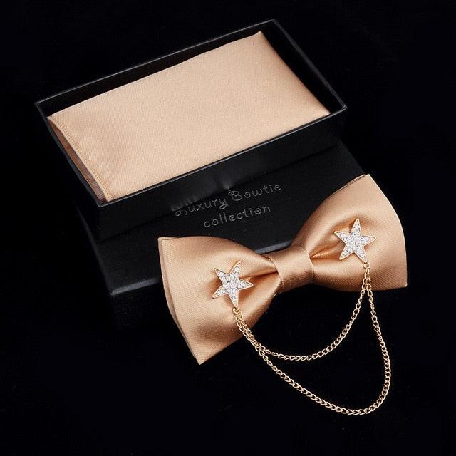 Adjustable Men's Bow Tie - Metal Wing Bowtie Pocket Square Towel Handkerchief Gift Set (MA2)(F17)