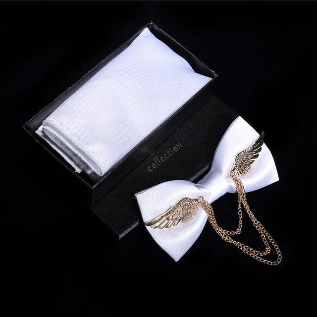 Adjustable Men's Bow Tie - Metal Wing Bowtie Pocket Square Towel Handkerchief Gift Set (MA2)(F17)
