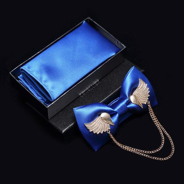 Adjustable Men's Bow Tie - Metal Wing Bowtie Pocket Square Towel Handkerchief Gift Set (MA2)(F17)