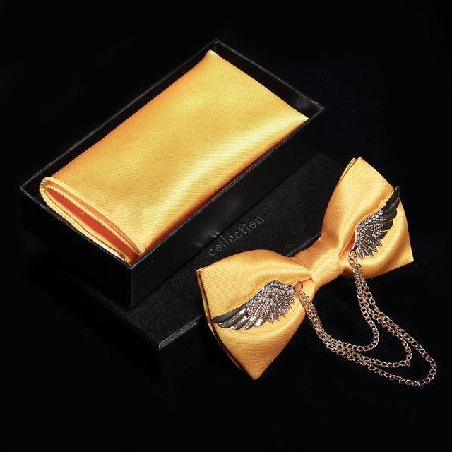 Adjustable Men's Bow Tie - Metal Wing Bowtie Pocket Square Towel Handkerchief Gift Set (MA2)(F17)