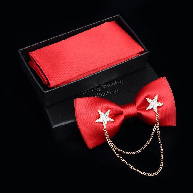 Adjustable Men's Bow Tie - Metal Wing Bowtie Pocket Square Towel Handkerchief Gift Set (MA2)(F17)