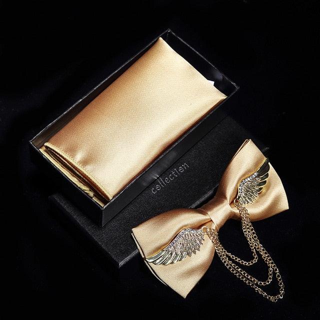 Adjustable Men's Bow Tie - Metal Wing Bowtie Pocket Square Towel Handkerchief Gift Set (MA2)(F17)