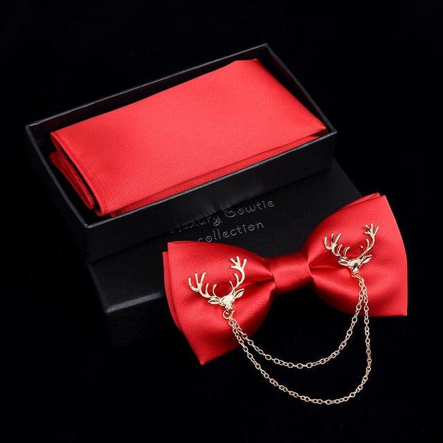 Adjustable Men's Bow Tie - Metal Wing Bowtie Pocket Square Towel Handkerchief Gift Set (MA2)(F17)